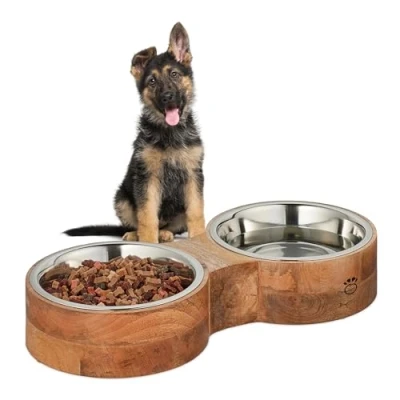 Afbeelding van Relaxdays dubbele hondenvoerbak met standaard eetbak waterbak rvs &amp; hout 2,2 liter