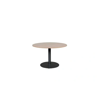 Afbeelding van Linesto 120cm ronde vergadertafel op vaste hoogte (74cm) met havana/ kersen licht 25mm blad en zwarte (RAL9005) trompetvoet
