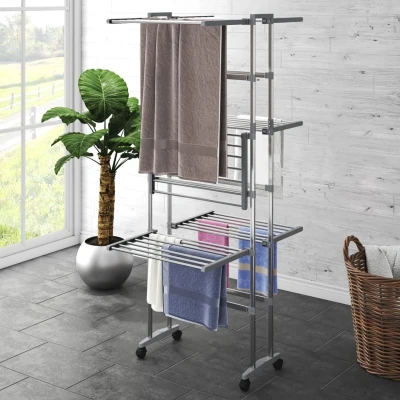 Afbeelding van Droogrek 3 laags met wieltjes 60x70x129 cm zilverkleurig