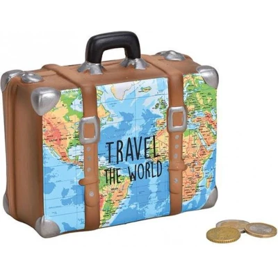 Afbeelding van Spaarpot vakantie koffer met wereldkaart Travel the world