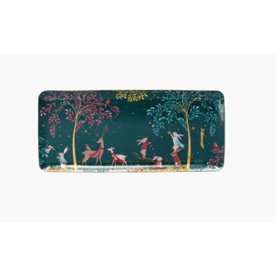 Afbeelding van Sara Miller Woodland Tales Collection Kerstsandwichdienblad 36 cm met 22 karaat gouden details hert en roodborstje