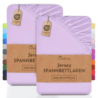 Afbeelding van NatureMark set van 2 jersey hoeslakens, katoen, jersey, gecertificeerd volgens Öko Tex Standaard 100, voor vertrouwen in textiel, lila/lavendel, stuks, 200 x 220 cm + 40 matrashoogte