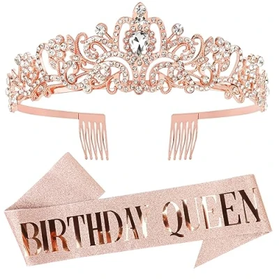 Afbeelding van DRESHOW Verjaardagskroon en sjaal voor vrouwen, koninginnenkroon diadeem van strass, tiara&#039;s sjaals, verjaardag, meisjes, decoratie, haaraccessoires, Verjaardagskoningin: roze