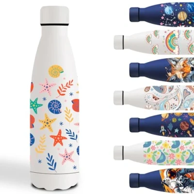 Afbeelding van thermosfles voor kinderen, 500 ml, gepersonaliseerde met zeester, metalen fles, lekvrij, kinderfles, staal, camping, school, fietsen, wit