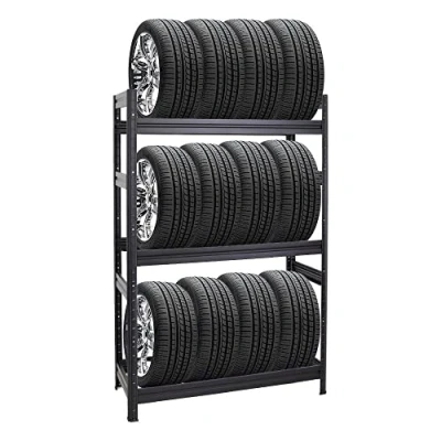 Afbeelding van PROREGAL Dino bandenrek, 180 x 120 50 cm (h b d), belastbaar tot 150 kg, 12 banden, zwart, voor garage, kelder, werkplaats