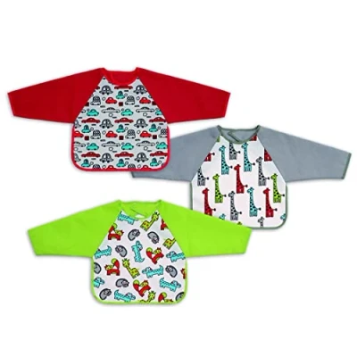 Afbeelding van Ti TIN 3 stuks slabbetjes van badstof, bedrukt, waterdicht met mouwen, 30 x 34 cm, 73% katoen, 27% polyester, voor baby&#039;s 6 tot 18 maanden, klittenbandsluiting, autodieren, meerkleurig, 120 g/m²