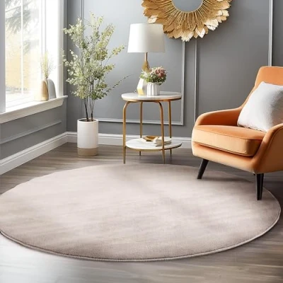 Afbeelding van HomebyHome Vloerkleed, 160 cm, rond, beige, wasbaar, laagpolig, effen, modern design, antislip, extra zacht, pluizig, voor woonkamer, slaapkamer, kinderkamer