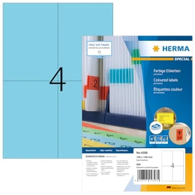 Afbeelding van HERMA 14 gekleurde A4 etiketten (105 x 148 mm, 1400 vellen, papier, mat) zelfklevend, bedrukbaar, permanent, 5.600 etiketten, blauw