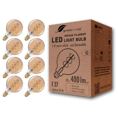 Afbeelding van Greenandco® led gloeilamp, vintage, E27, G95, 5 W (komt overeen met 35 W), 400 lm, 2000 K, warm wit, 360 graden, 230 V, glas, geen flikkeren, niet dimbaar, 8 stuks
