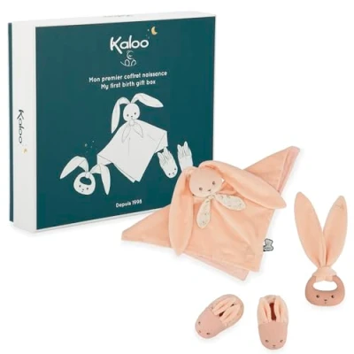 Afbeelding van KALOO Lapinoo Geboorteset Perzikkleur 3 babyartikelen Knuffel + bijtring babyschoenen 11 cm Vanaf de geboorte K218020