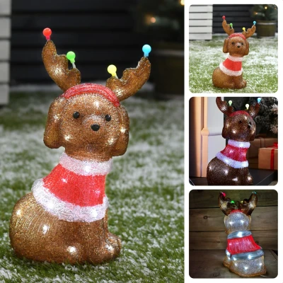 Afbeelding van Cheqo® Verlichte Kerstfiguur Tuinbeeld Hond Kerstdecoratie Acryl LED Verlichting 35 cm Binnen/Buiten