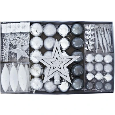 Afbeelding van Heitmann Deco Decoratieset voor kerstboom, zilver, 60 delig, met dennenpunt, ballen, parelketting, slinger en sterren, kunststof