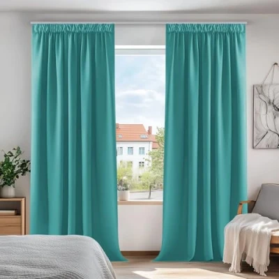 Afbeelding van Deconovo Verduisteringsgordijnen met potloodplooien, warmte isolerend, voor kinderkamer, energiebesparend, geluidsreductie, 2 stuks, 140 x 241 cm, turquoise