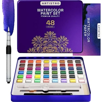 Afbeelding van Artistro Aquarelpalet, 48 levendige kleuren, inclusief metallic en fluorescerende kleuren. Perfecte aquarelset voor kunstenaars, liefhebbers schilderliefhebbers (Premium Home)