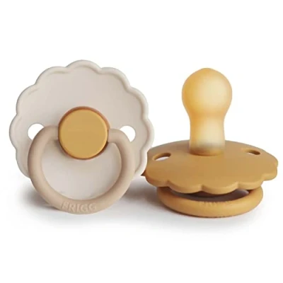 Afbeelding van FRIGG Daisy set van 2 fopspenen latex fopspeen gemaakt in Denemarken BPA vrij symmetrische met kersen (Chamomile/Honey Gold, maat 1 (0 6 maanden)