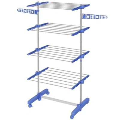 Afbeelding van HOMCOM Droogrek, inklapbaar, zijvleugels, voor binnen en buiten, 142 x 55 172 cm, 4 niveaus, blauw