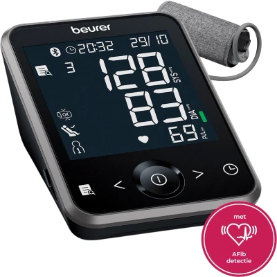 Afbeelding van Beurer BM 64 bloeddrukmeter voor de bovenarm herkenning van boezemfibrilleren (AFib) beroertes te voorkom bovenarmomtrek 22 42 cmen app koppeling gepatenteerde rustindicator manchet een