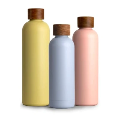 Afbeelding van Roestvrijstalen drinkfles, 500 ml, thermosfles, 0,5 l, met acaciahouten deksel, geïsoleerde waterfles, lekvrij bij koolzuur, thermosfles hemelsblauw