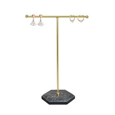 Afbeelding van Naapesi T vormige sieradenstandaard voor halskettingen, oorbellen, metalen hangers met marmeren dienblad, armbanden, ringen, sleutels, horloges (zwart + goud)