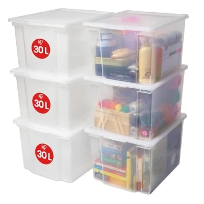 Afbeelding van Iris Ohyama, Opbergdozen van kunststof met deksel, 30 l, 6 stuks, groot, stapelbaar, BPA vrij, wasruimte, kantoor, USB M, transparant, L 42 x D 35,5 H 26,5 cm