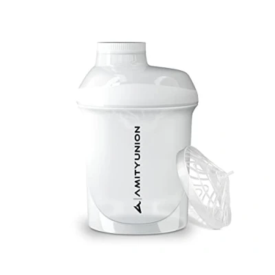 Afbeelding van Protein Shaker Deluxe 400 ml lekvrij, BPA vrij, met zeef &amp; schaal ORIGINEEL voor romige weiproteïnepoeder shakes, proteïne isolaten BCAA concentraten, shaker, fitness mixer, wit