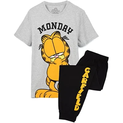 Afbeelding van Garfield Heren Pyjama Grijs T shirt met lange zwarte onderkant voor volwassenen Lazy Monday Tabby Movie Merchandising, grijs.