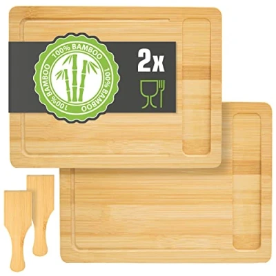 Afbeelding van Alleskunner met Lekbak: Set van 2 Bamboe Snijplanken 30x22 Houten Keuken Snijplank Ontbijtp...