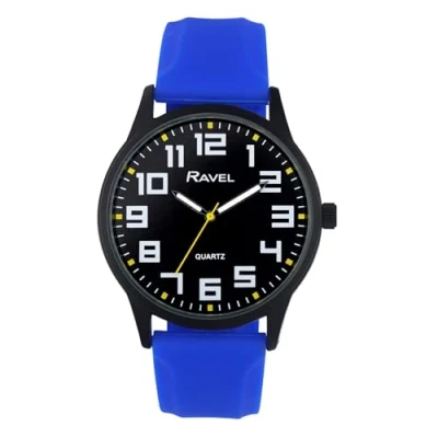 Afbeelding van Ravel Herenhorloge met zwarte behuizing siliconen sportarmband en gemarkeerde uurmarkeringen kwarts analoog RS003, Blauw