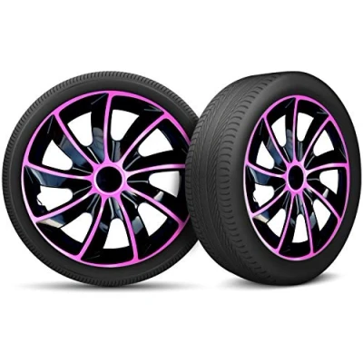 Afbeelding van 4 stuks autowieldoppen geschikt voor alle stalen velgen, verstelbare veiligheidsring, 13 inch, zwart/roze