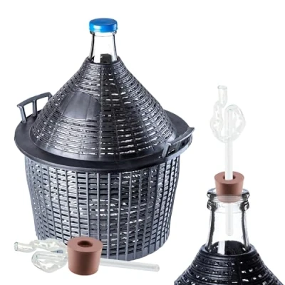 Afbeelding van KADAX Set van 34 liter glazen ballonnen met plastic mand en fermentatieaccessoires, rubberen stoppen, fermentatiebuizen, smalle opening, wijnballon, fles, fles