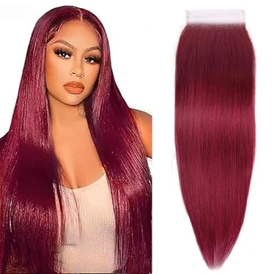 Afbeelding van Tuheerst 4 x kanten voorsluiting, bordeauxrood, steil, menselijk haar, sluiting, echt Braziliaans #99J rood, voorgeplukt met babyhaar, 100% onbehandeld Virgin 35 cm