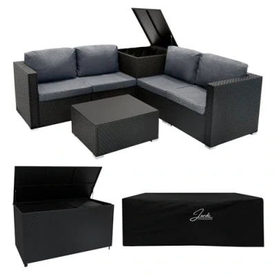 Afbeelding van Rotan Modulaire Tuin Meubelen 6 Delige Set &amp; x 2 Opbergbox (996L, 250L) Zwart 4 Zits Zitbank Sectionele Stoelen met Kussens Tafel Waterdichte Hoes Voering Kist Gasveren Hefmechanisme