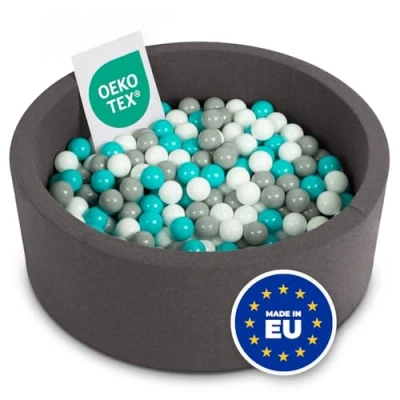 Afbeelding van Selonis Ballenbad 90 x 30 cm/200 ronde ballen van schuimrubber voor baby&#039;s en kinderen, donkergrijs: grijs/wit/turquoise