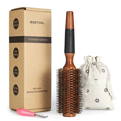 Afbeelding van BESTOOL ronde borstel om te drogen, haarborstel van zwijnenhaar, grote in stijl voor vrouwen en mannen, glad, krullen, glans (6 cm)