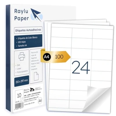 Afbeelding van Raylu Paper ® Witte zelfklevende etiketten om af te drukken, van A4 papier voor laserinkjetprinters en kopieerapparaten, 24 per vel (70 x 35 mm)