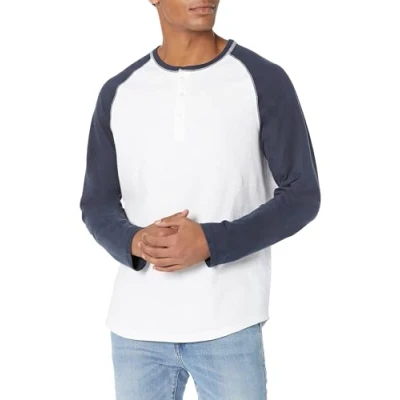 Image de Amazon Essentials Chemise Henley à Manches Longues Coupe Ajustée Men&#039;s, Bleu Marine Blanc, S