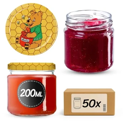Afbeelding van KADAX Kleine inmaakpotten, 200 ml, luchtdicht, rond, FI66 mm, jampotten, bokalen, minipotten voor honing en kruiden, 50 stuks, Winnie de Poeh motief