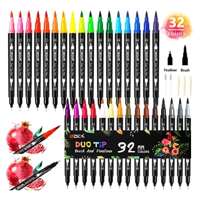 Afbeelding van ZSCM Markers met paillettenpunt, 32 kleuren, aquarelmarker, dubbele punt, fineliner voor volwassenen kleurboeken, bullet journal, kalligrafie en tekeningen, illustraties, schetsen