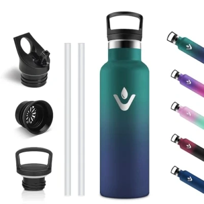 Afbeelding van Vikastar Roestvrijstalen thermosfles, 500 ml, BPA vrij, met rietje voor school, sport, fietsen, kamperen, donkergroen en donkerblauw