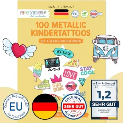 Afbeelding van 100 metallic tatoeages om op te plakken, huidvriendelijke kindertatoeages, Summerjam, coole motieven, als verjaardagscadeau of cadeau idee, veganistisch, TÜV getest.