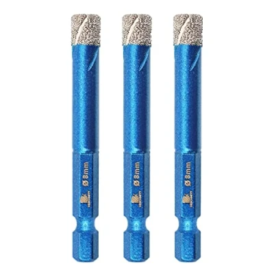 Afbeelding van BRSCHNITT Set van 3 diamantboren voor tegels, 8 mm, zeskantschacht, gatenzaag keramiek, graniet, glas, porselein, porseleinen steengoed, metselwerk, marmer
