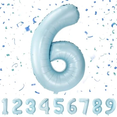 Afbeelding van Opblaasbare heliumballon in de vorm van een cijfer 6, maat XXL, 101 cm, enorme folieballon, pastelblauw, verjaardagsdecoratie
