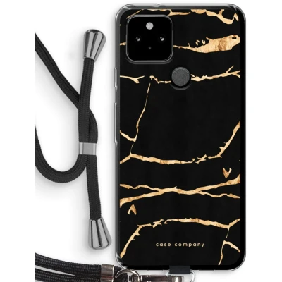 Afbeelding van Case Company® hoesje met Koord geschikt voor Google Pixel 5 Gouden marmer Telefoonhoesje Zwart Bescherming aan alle Kanten en Over de Schermrand
