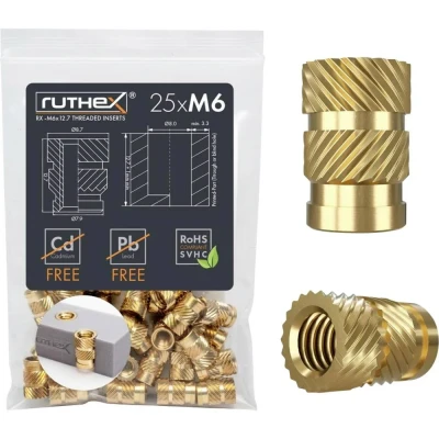 Afbeelding van ruthex Schroefdraadinzet M6 25 stuks RX M6x12.7 schroefdraadhulzen van messing stabiele inworpmoer voor kunststof onderdelen warmte of ultrasoon gebruik in 3D printdelen