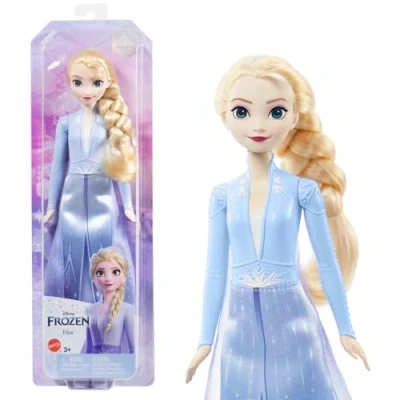 Image de Mattel Disney Frozen Prinzessin Elsa Puppe, Die Eiskönigin Puppe im Reiseoutfit, kämmbare blonde Haare, beweglich, ausziehbarer Rock und Stiefel, Geschenke, Spielzeug ab 3 Jahre, HLW48
