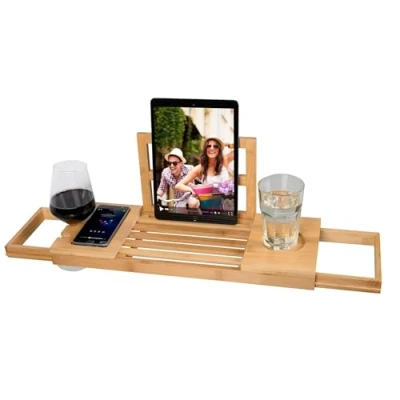 Image de INDA Exclusiv Étagère de baignoire réglable en bois bambou écologique durable Support antidérapant pour livre, iPad, téléphone, verre ou bougie, etc.