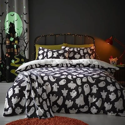 Afbeelding van Bedlam Griezelig Halloween spook fleece dekbedovertrek Eenpersoons bed (140 x 200 cm) Omkeerbaar ontwerp Zacht en comfortabel wit pluche Schattig spookbeddengoed