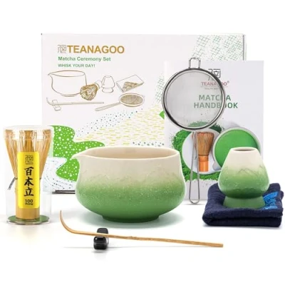 Afbeelding van TEANAGOO Set van 7 groene matcha gardes, ceremoniële poederset, theeservies voor latte, garde en kom met lepel zeef, Fuji keramische kom, cadeau