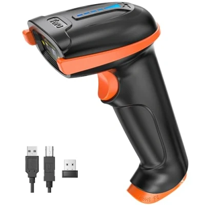 Afbeelding van Tera Barcodescanner Draadloze 1D Laser Barcodelezer Veelzijdig 2 in 1 (2.4Ghz Draadloos+USB 2.0 Bedraad) met Indicator Batterijniveau Lange Zendafstand Oplaadbare USB handheld (Oranje)