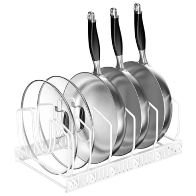 Afbeelding van Fousenuk dekselhouder voor potten, pannenorganizer met 7 verstelbare vakken, houder pannen, uittrekbaar, metalen deksel, keukenbox (wit)